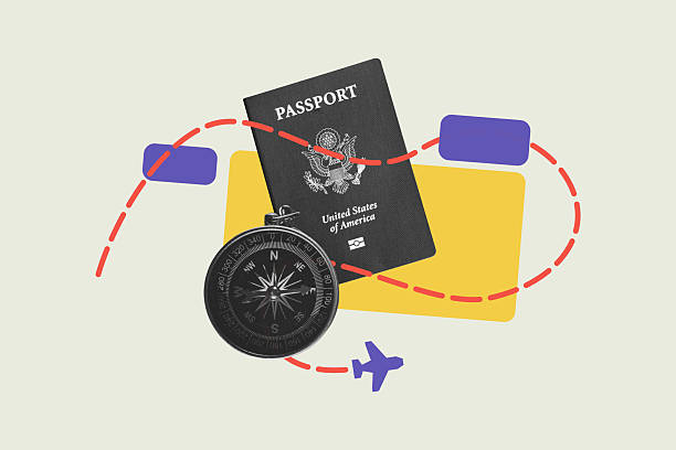 US passport and compass with dotted flight path and plane icon on colorful abstract background. Travel and adventure abstract collage