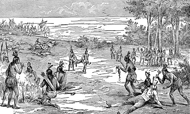 Pilgrims attack by indigenous people in Virginia, USA (circa 16th century). Vintage etching circa 19th century.
