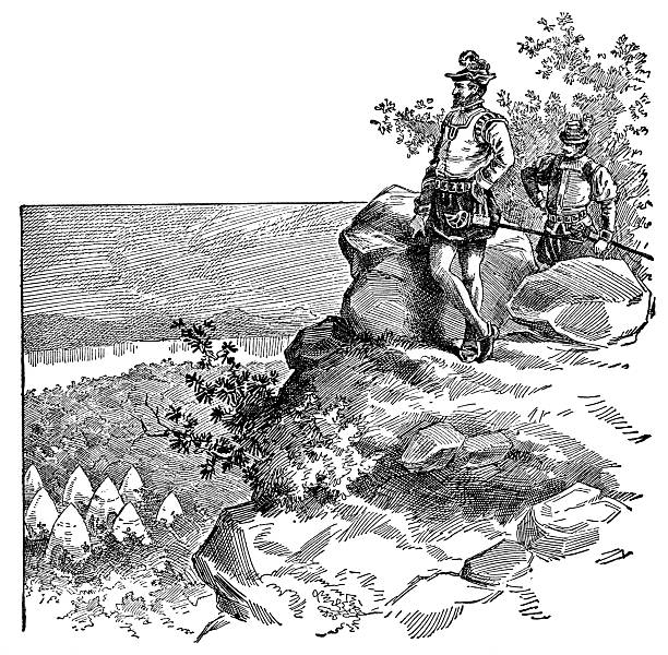 Jacques Cartier at the summit of Mount Royal in Quebec, Canada. He was the first European to summit the hill and the area would become modern day Montreal. (circa 1535). Vintage etching circa 19th century.