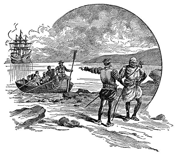 Jacques Cartier kidnapping Chief Donnacona of  the Iroquois people in Quebec, Canada. He was tricked to board the ship and then not allowed to leave as they set sail for France. (circa 1536). Vintage etching circa 19th century.