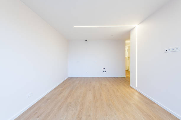 Bright and minimalistic empty interior space featuring wooden flooring and clean white walls, suitable for various uses or decorations