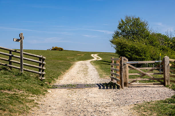 istock Looking through an open gate along a chalk pathway in the South Downs, with a blue sky overhead 2224680119