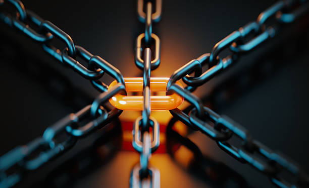 istock Chain Links Connected On Black Background - Strength And Standing Out From The Crowd Concept 2224680829