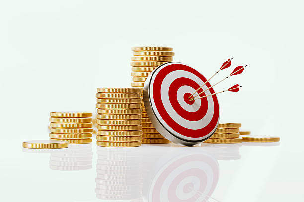 istock Coin Stacks And Red Target On White Background - Business Target Concept 2224681019