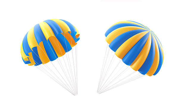 Yellow and blue parachute pair isolated on white background. 3D render. Clipping path is included.