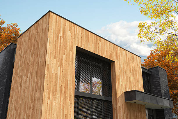 Architectural villa a cube-shaped two-story modern house with a flat roof, combining black natural slate stone and vertical pine wood paneling in a ventilated facade system. Inspired by Scandinavian minimalism, the design is set in a beautifully landscaped front yard surrounded by vibrant red and orange autumn trees. Ideal for showcasing contemporary residential architecture and seasonal real estate concepts.