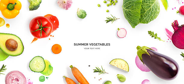 istock Creative layout made of tomato, cucumber, pepper, onion, carrot, beetroot, eggplant, cabbage, garlic, broccoli and green beans on the watercolor background. Flat lay. Food concept. 2224687602