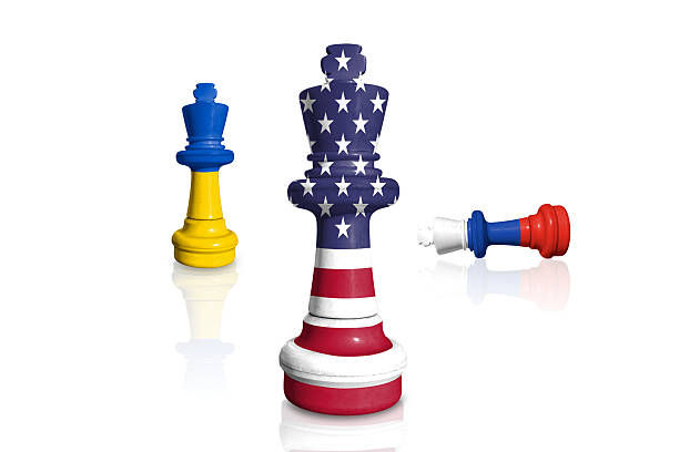 Chess made from flags of Ukraine, US and Russia