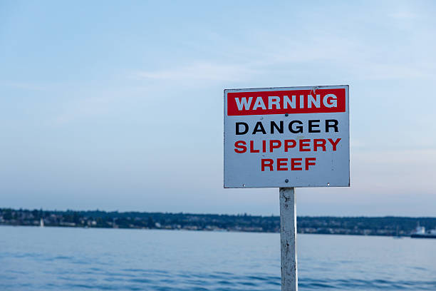 Warning sign indicating danger and slippery reef near a calm waterfront, with a ship visible in the distance under a clear sky