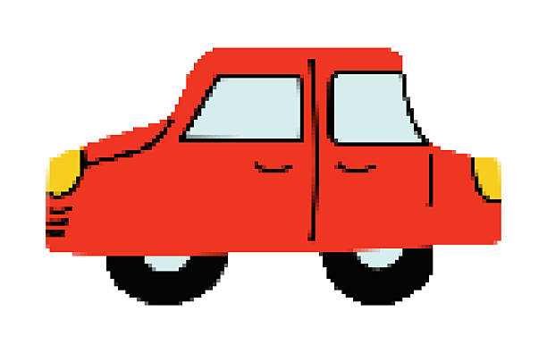 Pixel Car. 8-bit Children drawing Transport side view. Retro Gaming red sedan with simple details. Isolated kids toy Automobile. Vehicle, ride, wheels. Color primitive image. Vector illustration