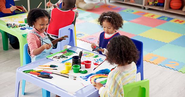istock Art, children and painting hands in class for learning, creative talent and motor skill development in preschool. Education, students and girls drawing on palm with color on brush for rainbow project 2224712662