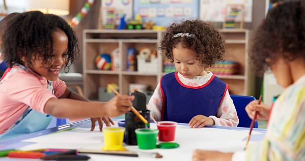 istock Learning, children and painting in class for art, creative talent and development in preschool. Education, students drawing and kids with watercolor for growth, artwork and sketch on paper with brush 2224712663
