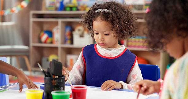 istock Learning, kids and painting in class for art, creative talent and development in preschool. Education, students drawing and children with watercolor for growth, artwork and sketch on paper with brush 2224712665