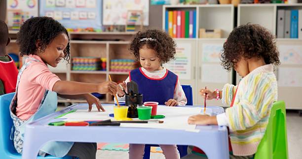 istock Learning, kids and girls in painting class for art, creative talent and skill development in preschool. Education, students drawing and children with color for artwork and sketch on paper with brush 2224712670