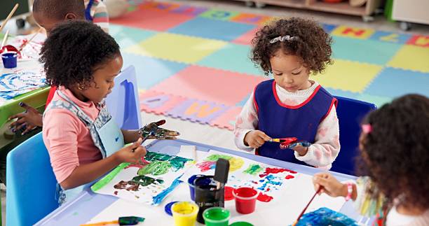 istock Learning, children and painting hands in class for art, creative talent and motor skill development in preschool. Education, students and kids drawing on palm with color for growth, artwork and brush 2224712681