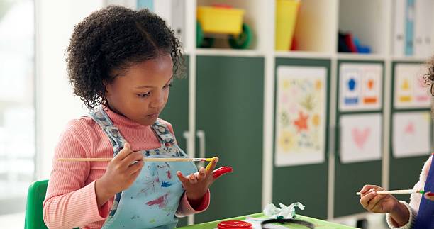 istock Hands, girl or students in classroom, painting or creative lesson with artwork project, canvas or education. Kids, learning academy or activity with mobility, child development or brush in school 2224712694