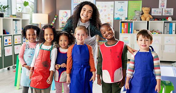 istock Happy children, portrait and teacher with students at kindergarten school for elementary education. Group, educator or kids with smile for fun learning, creativity or childhood development in class 2224712704
