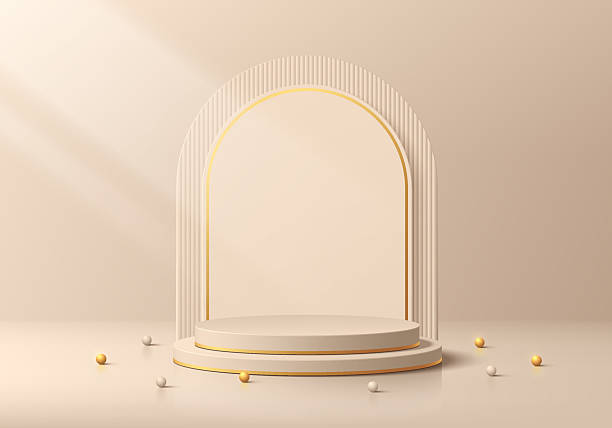 istock Beige 3D cylindrical podium background with arch backdrop and gold sphere ball. Minimalist mockup pedestal. Abstract luxury stand product display presentation. Stage showcase. Vector platform design. 2224727400