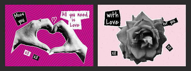 istock Collage halftone Valentine's Day banners. Rose, hands in shape of heart. Trendy vector illustration. 2224737627