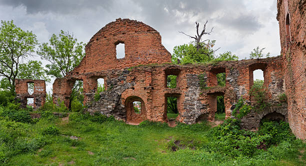 istock Defense stone-brick structures of ruined medieval castle, inside view 2224750261