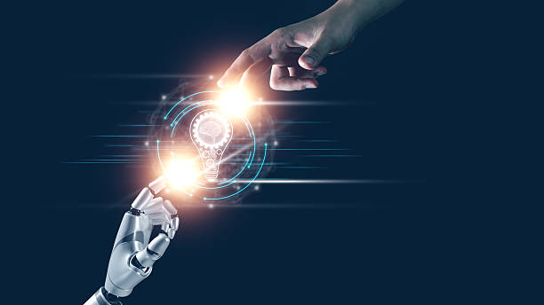 istock Robot hand and human hand touch on big data network connection of AI brain, Data exchange, Science, Innovation of future 2224750944