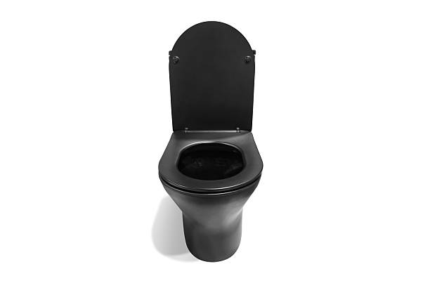 istock Front view of black toilet bowl with open lid on white background. 2224762789