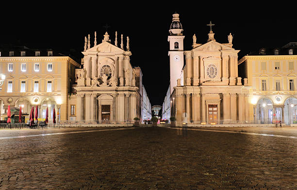 twin Churches called Chiese Gemelle  in the wide square called Piazza San Carlo meaning Square of SAINT CHARLES  in Turin City in Italy