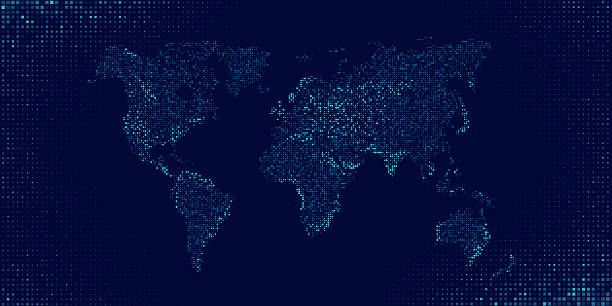 istock Digital world map of glowing blue dots or pixels across continents. Global connectivity with big data. Design for UI backgrounds or FinTech projects. Vector. 2224766880