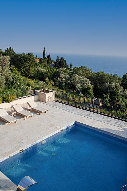 istock Luxury villa pool with scenic ocean view and verdant gardens 2224768040