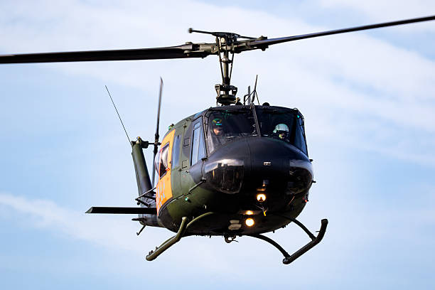Bell UH-1D Huey helicopter (former German Army) flying. Amsterdam, The Netherlands - Nov 2, 2024