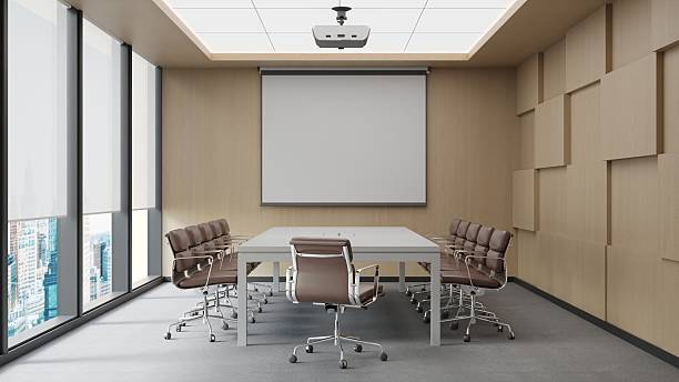 istock Modern Office Meeting Room Interior with Leather Chairs, Projector Screen, and City View 2224772358
