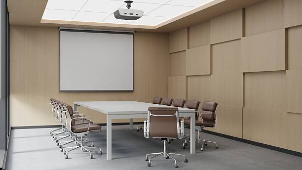 istock Modern Office Meeting Room Interior with Leather Chairs, Projector Screen, and City View 2224772366