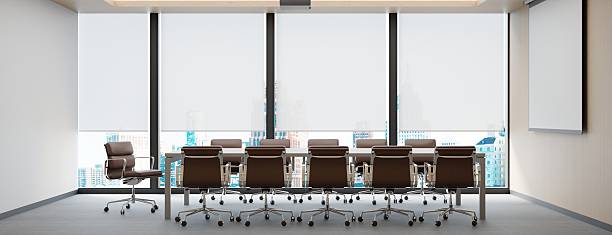 istock Modern Office Meeting Room Interior with Leather Chairs, Projector Screen, and City View 2224772378