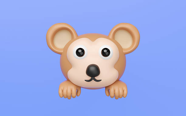 Cute 3D cartoon monkey head peeking with hands from bottom, rendered in a playful, minimal style against a vibrant blue background. Ideal for children designs, apps, or joyful themes.