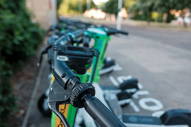 istock Electric scooters row parked sharing mobility urban transport 2224776398