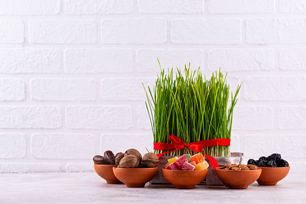Traditional Azerbaijan spring holiday Novruz concept with tray of semeni