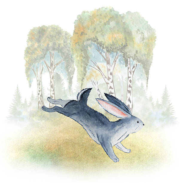 istock Autumn Birch Forest with jumping rabbit Whimsical Russian Fairy Tale Watercolor Illustration for Kids, Nursery Decor, Wall Art 2224783502