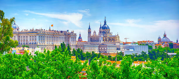 Panoramic skyline of Madrid with Almudena Cathedral and the Royal Palace, Spain
