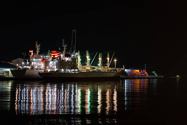 istock A pier at night. Boat lights reflecting off the water., 2224787889