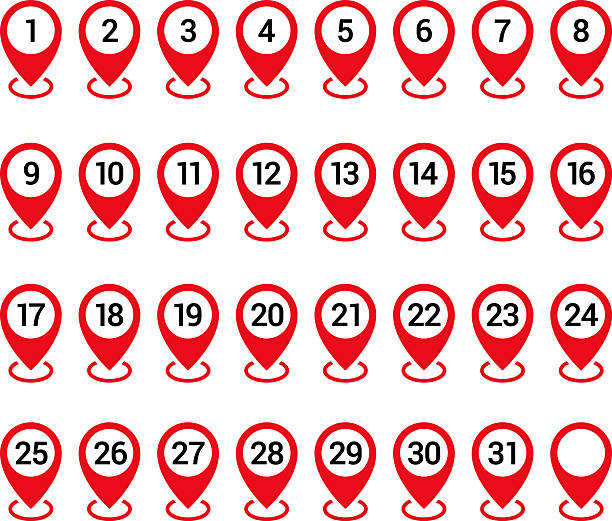 istock Location pin icons with number. Map marker symbol set with 1 to 31 numbers. Simple numbers icon set of numbers sign for Calendar, apps and website. Vector illustration. 2224791903