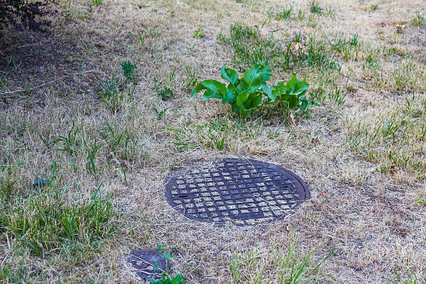 istock Urban drainage system with manhole cover surrounded by green grass and vegetation 2224793023
