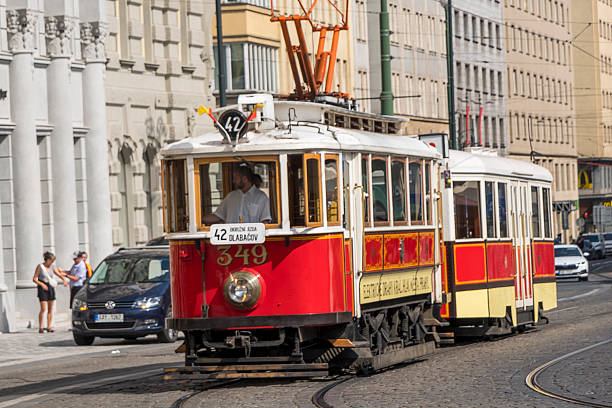 Prague, Czech Republic - July 3, 2025: Old tram 42 running through Prague