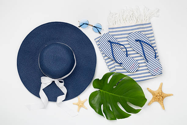 istock Blue beach accessories on color background, top view. Flat lay 2224802044