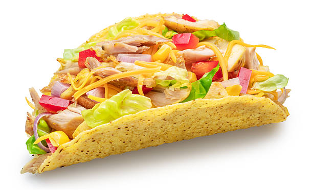 istock Mexican chicken meat tacos, corn-based tortilla with chicken meat and vegetables isolated on white, top view. File contains clipping path. 2224807254
