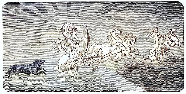 Vintage engraving from 1882 of the sun chariot driven by the Goddess Sól or Sunna from Norse mythology