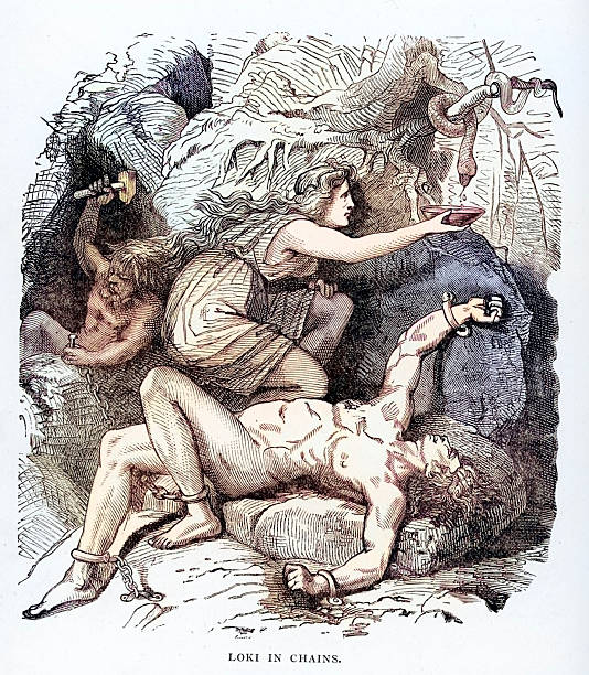 Vintage engraving from 1882 of a scene from Norse Mythology, Loki in Chains.