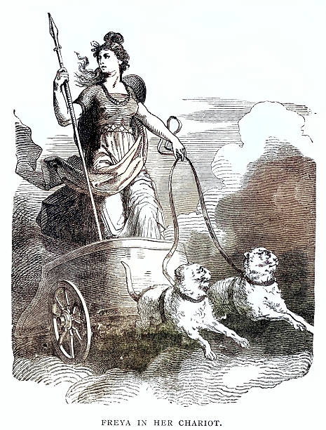 Vintage engraving from 1882 of a scene from Norse Mythology, Freya (Freyja) in Her Chariot. In Norse mythology, Freyja is a goddess associated with love, beauty, fertility, gold, seiðr, war, and death.