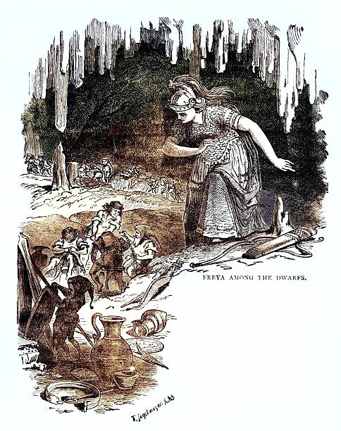Vintage engraving from 1882 of a scene from Norse Mythology, Freya (Freyja) amoung the Dwarfs. In Norse mythology, Freyja is a goddess associated with love, beauty, fertility, gold, seiðr, war, and death.