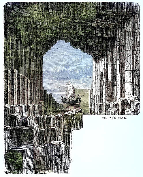 Vintage engraving from 1882 of a scene from Norse Mythology, a Viking longboat outside Fingal's Cave. Fingal's Cave is a sea cave on the uninhabited island of Staffa, in the Inner Hebrides of Scotland.