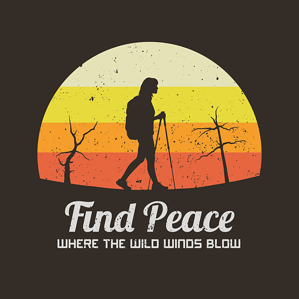 Hiking at mountains. 60s, 70s label